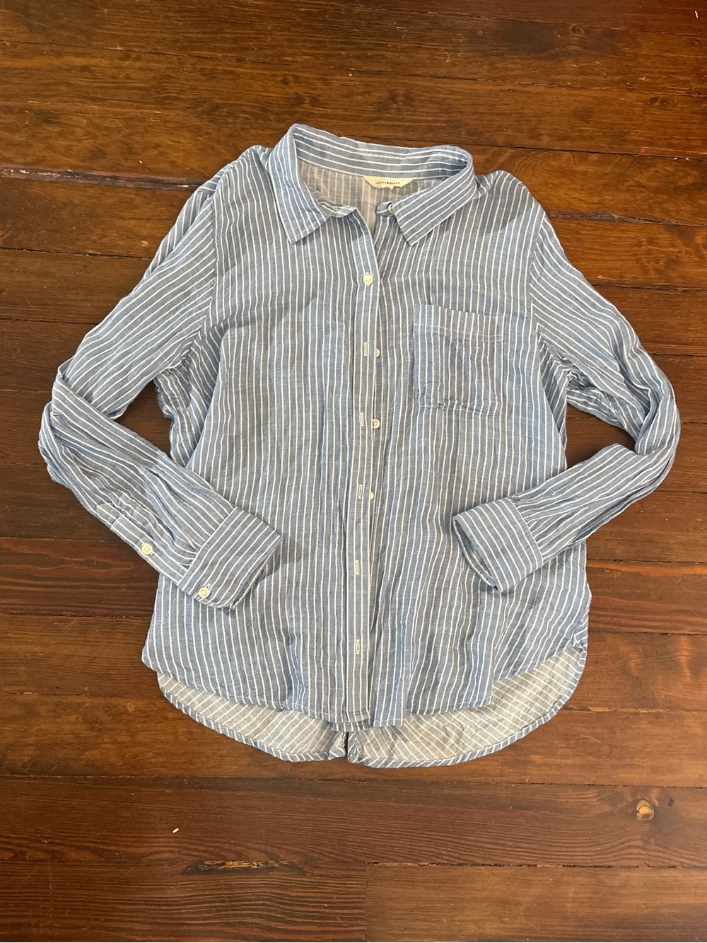 Lucky brand blue white striped long sleeve button down top size L